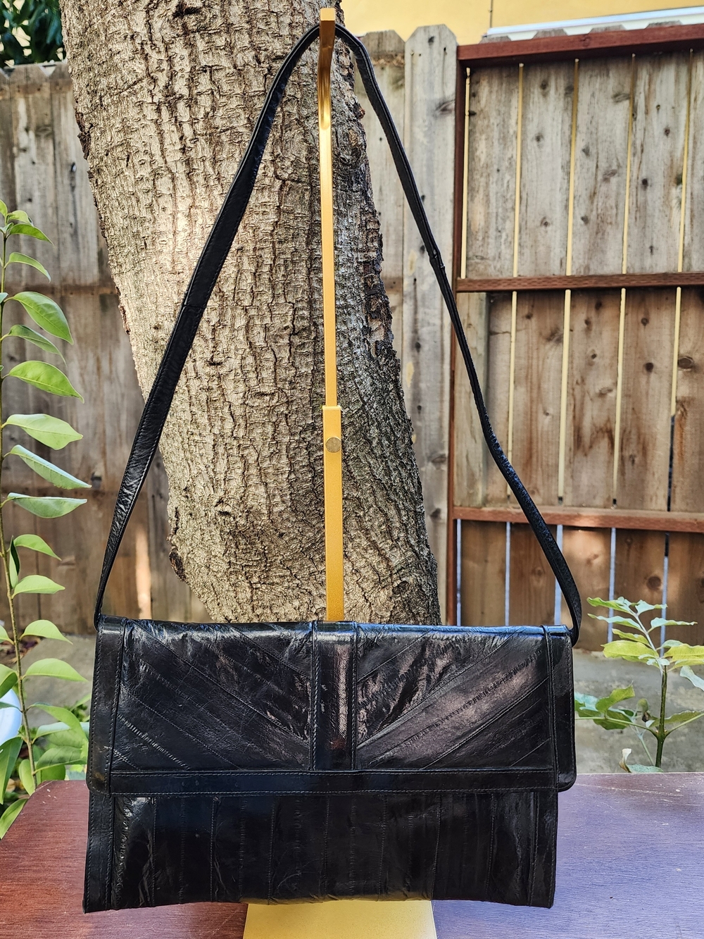 Vintage Genuine Eel Skin Convertible Shoulder Bag Black Clutch Patchwork 80s